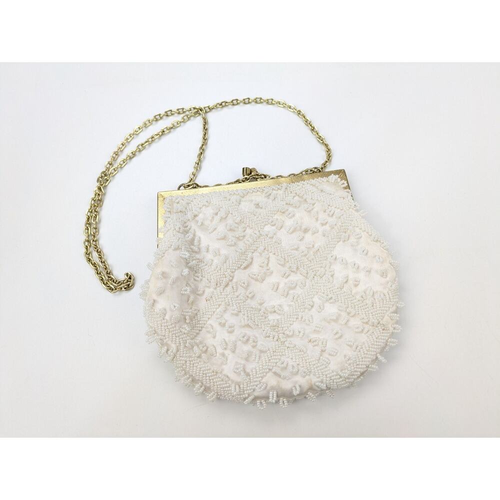 Vintage Walborg Hong Kong White Beaded Evening Purse Gold Tone Chain Kisslock